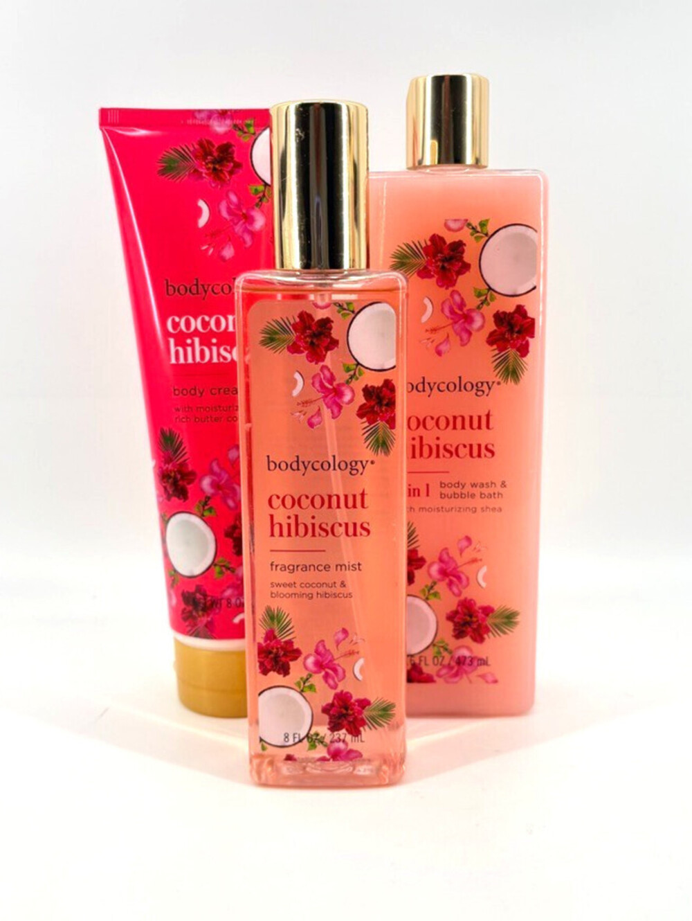 New Bodycology 3 Piece Set Mist Body Wash Body Cream Coconut Hibiscus